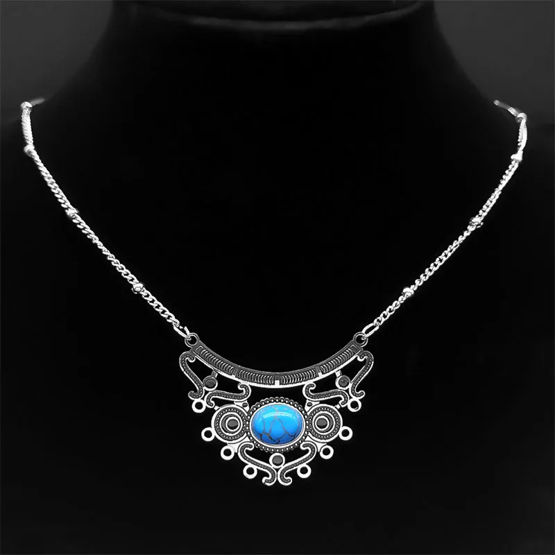 Aesthetic Ethnic Boho Flower Shape Necklaces for Women Stainless Steel Bohemia Blue Stone Hollow Choker Necklaces Jewelry N7946S