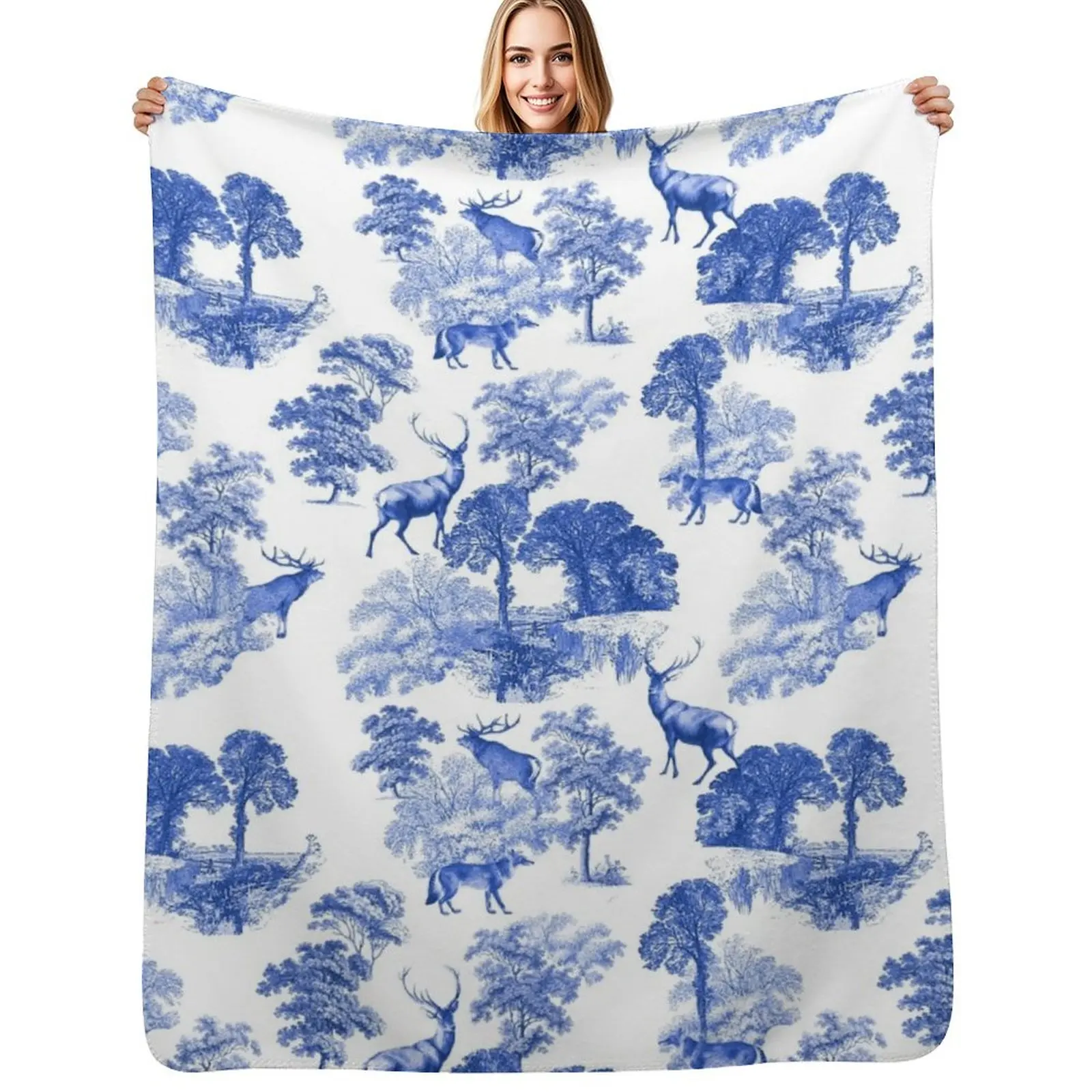 

Classic Blue French Toile Deer in Forest Countryside Pattern Throw Blanket Single warm winter blankets and throws Blankets