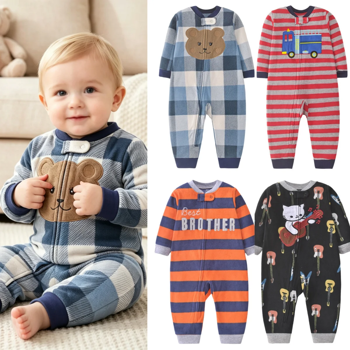 2026 Baby Boys Polar Fleece Zip Romper Toddler Long Sleeve Jumpsuit Cartoon Print Warm Autumn Winter One Piece Outfit for Babies