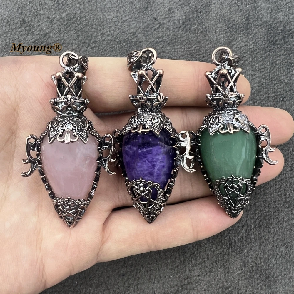 

10PCS Circular Cone Shape Natural Stone Crystal Amethysts Rose Quartzs Bronze Vintage Necklace Pendant MY231168