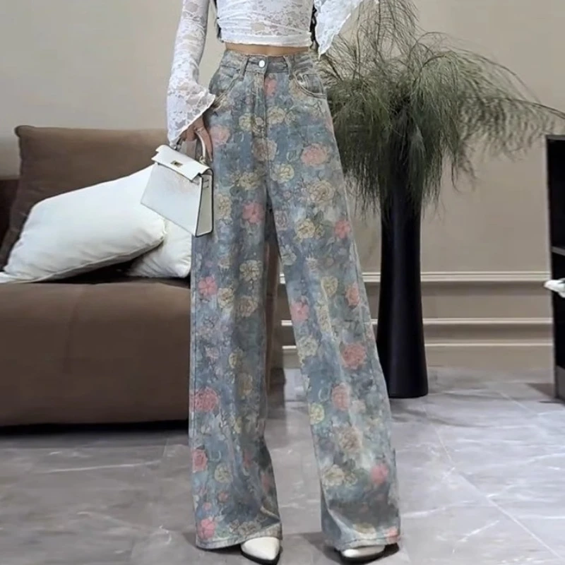 

2025 Spring Fall Women High Waisted Floral Pattern Printed Wide Leg Denim Trousers , Woman Fashion Designer Jeans Pants