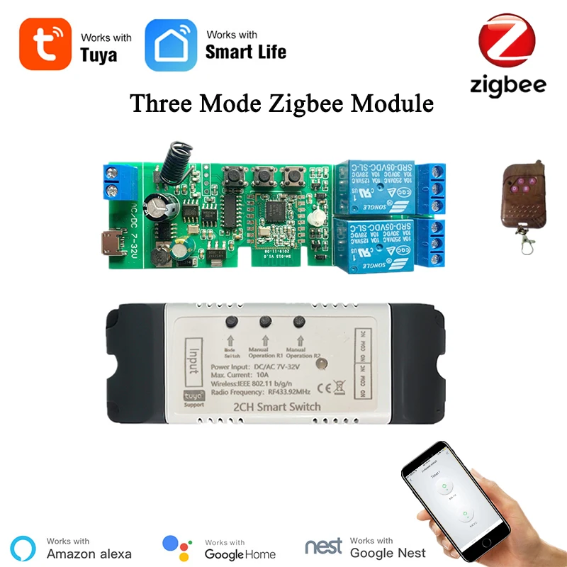 

Tuya 5~32V Zigbee Switch Module 2 Channel With RF433 Zigbee Inching / Self-Lock / Interlock Switch APP Control Alexa Compatible