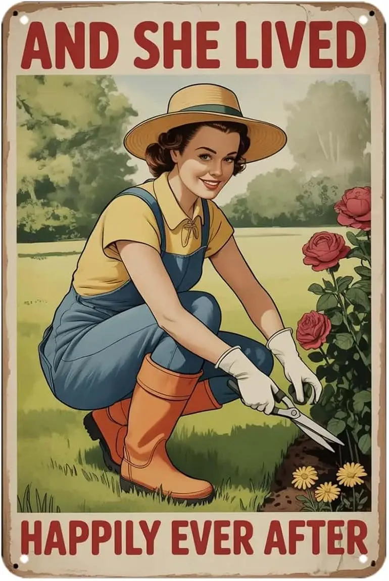Gardening Lady Tin Sign Vintage Rose Flower Theme Retro Metal Signs Wall Decor for Kitchen Bar Cafe Bedroom Home Patio Outdoor G