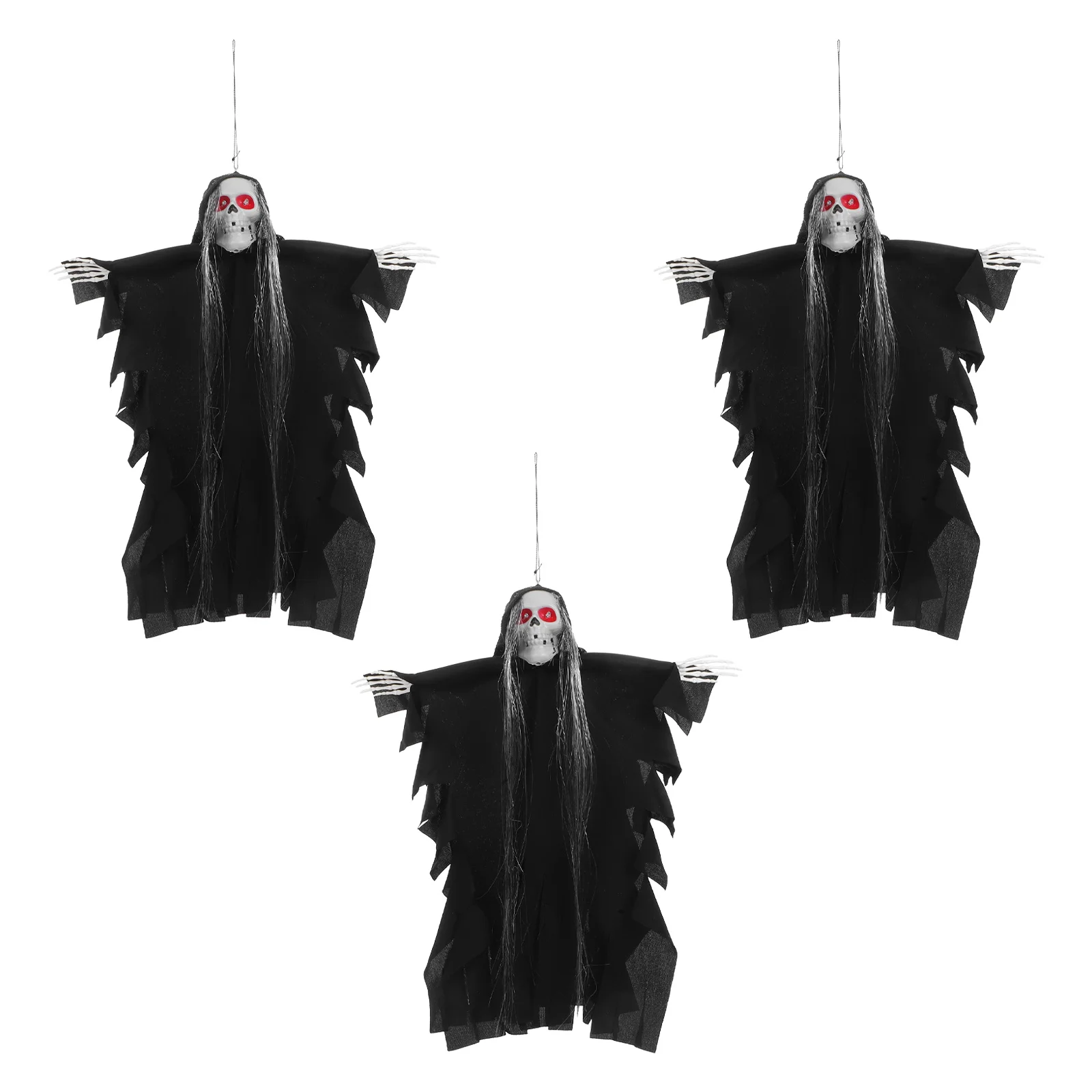 

3pcs Hanging Lighted Halloween Decorations Sound Activated Glowing Skull With Long Hair Spooky Outdoor Yard Garden
