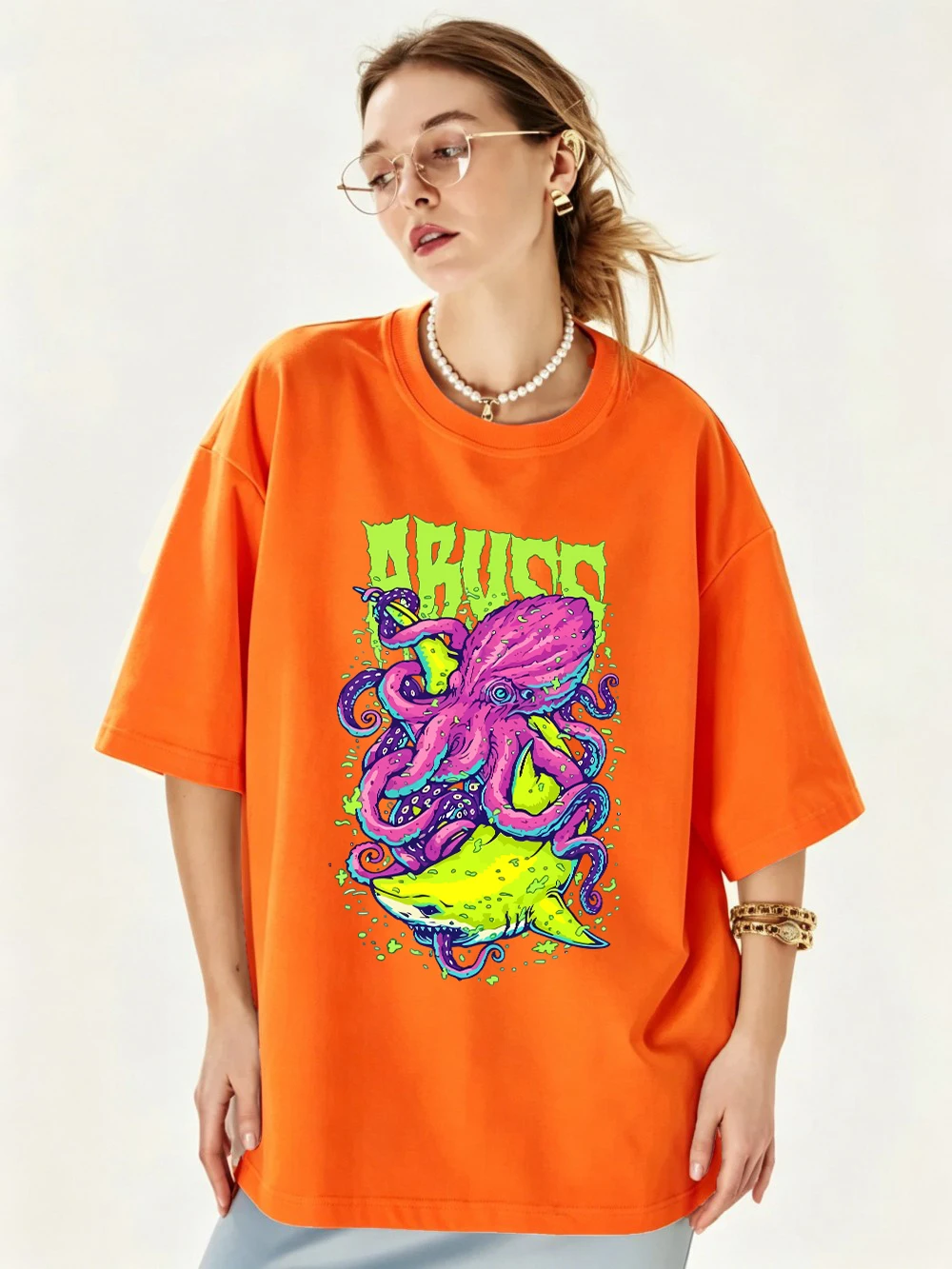 Abuzz Lila Tintenfisch Bedruckte T-Shirts Baumwolle Damen Sommer Kurzarm T-Shirts Weiche Basic Oversized Tops Lässige O-Neck Kleidung – Detail 21
