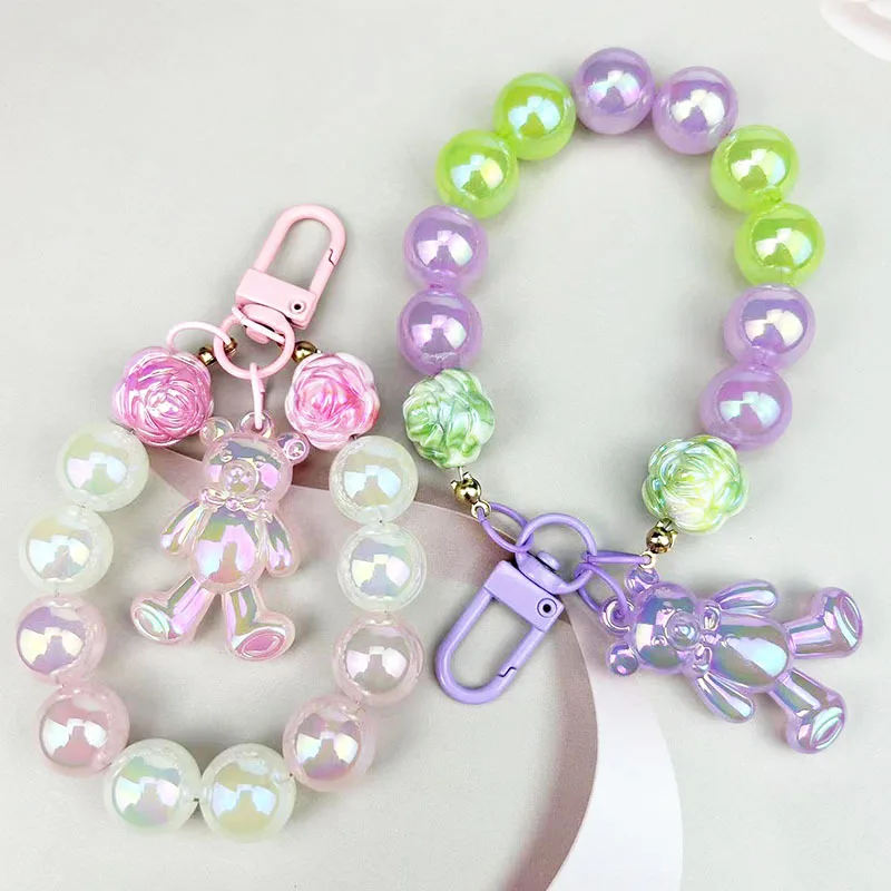 Beads Hand Wrist Strap Luminous Pearl Bear Lanyard for iPhone Huawei Redmi Xiaomi Samsung Phone Charm Ornament Keychain Hang