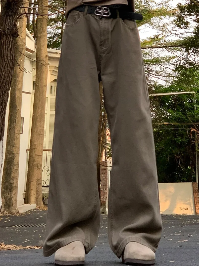 

Мужские джинсы Cleanfit в американском стиле ретро, весенние свободные коричневые широкие длинные брюки, повседневные удобные прямые джинсы