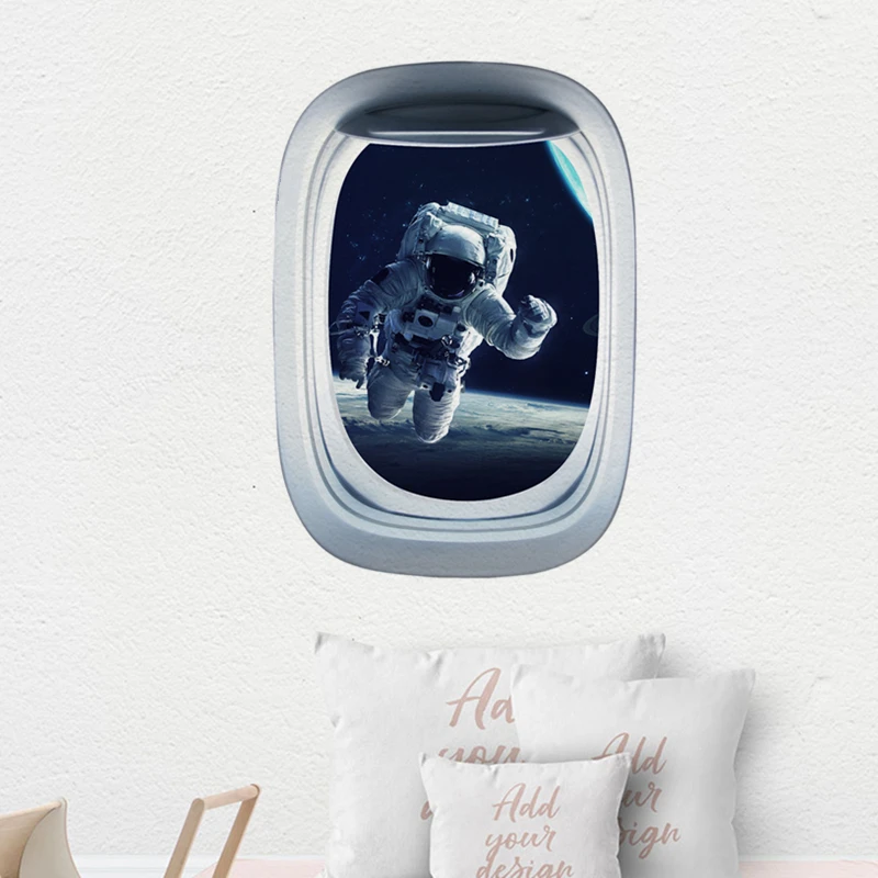 Outside the Porthole Space Astronaut Vinyl Walls Art Mural Stickers for Kids Room Bedroom Home Decoration Star Sky Wallpaper