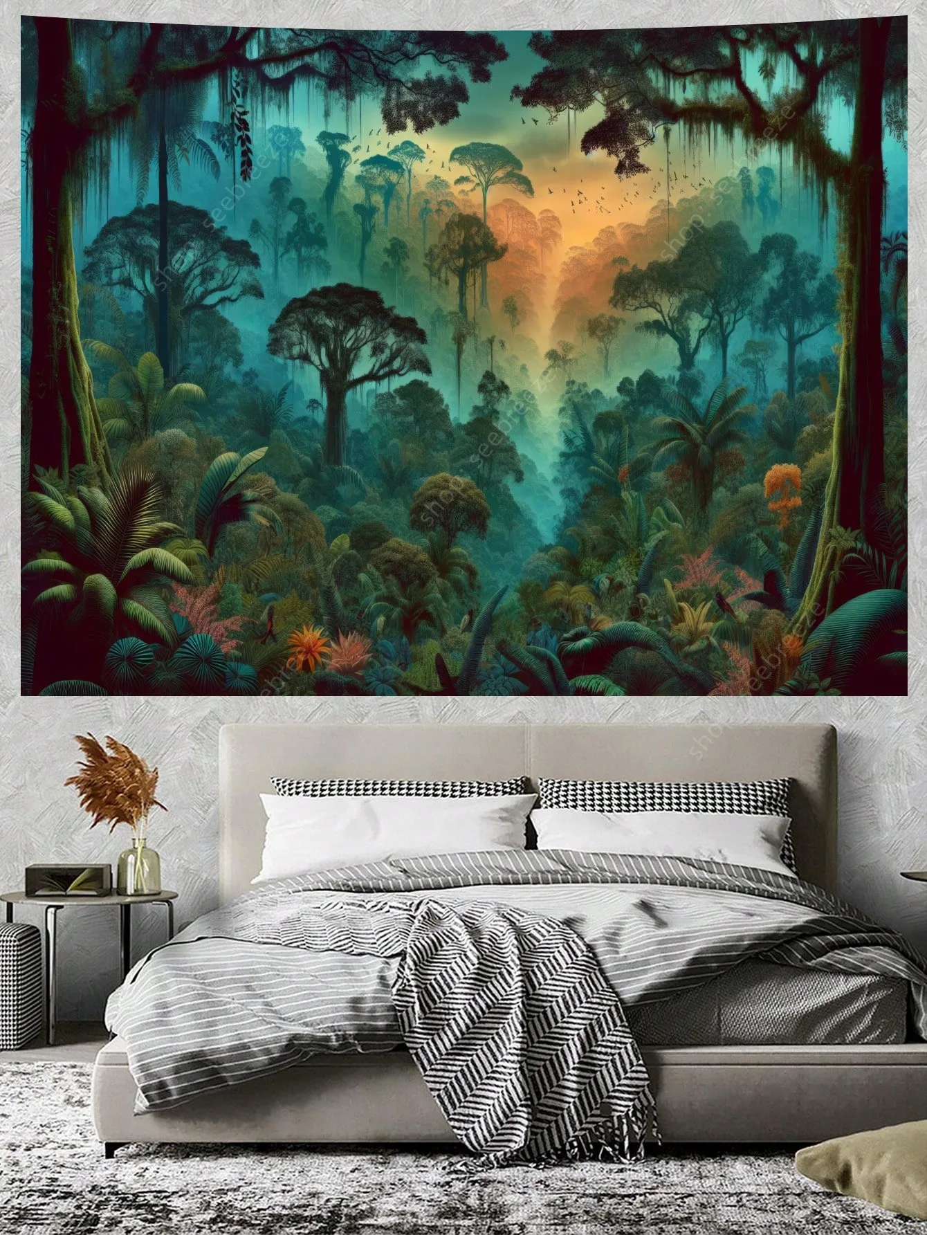 

Гобелен с тропическим тропическим лесом Jungle Paradise - яркая пышная листва, туманная спокойная настенная живопись, успокаивающий погружной природный декор