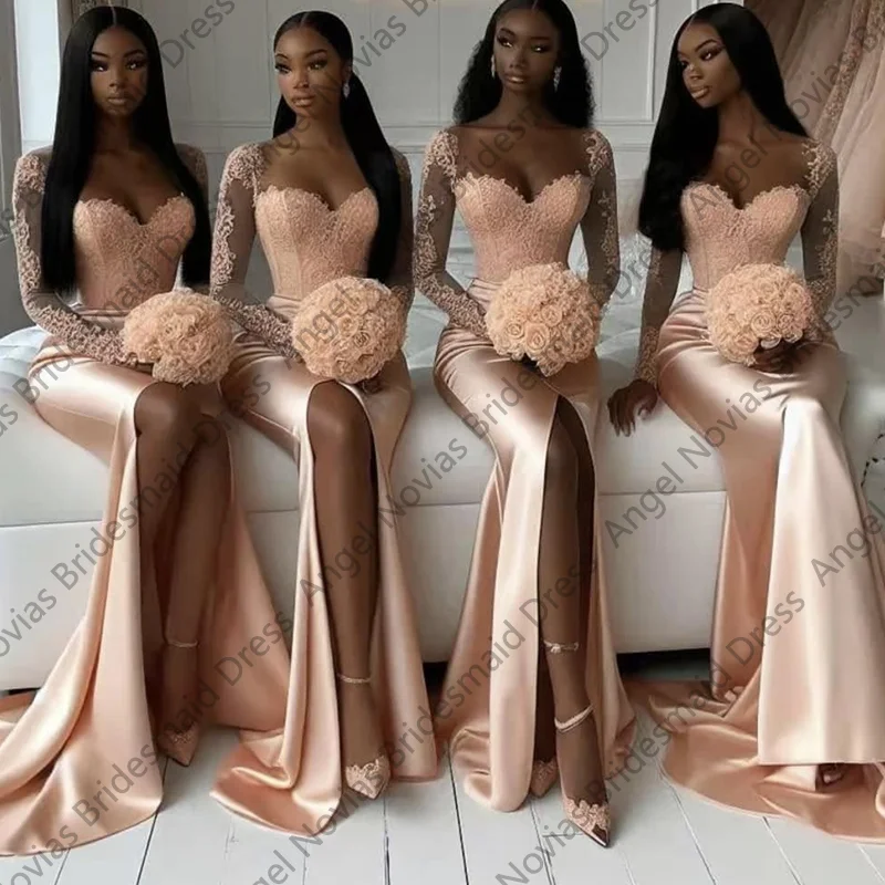 Aangepaste Lange Mouwen Elegante Zeemeermin Bruidsmeisjekleding met Slit Avond Prom Partij Jassen vestido de madrinha de casamento
