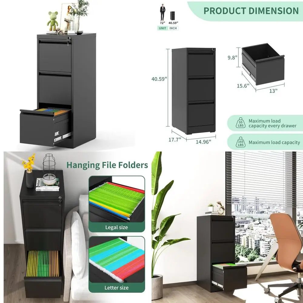 Heavy Duty Steel Vertical File Cabinet with Lock for Home Office, Ideal for Hanging Letters, Legal Size Documents Storage
