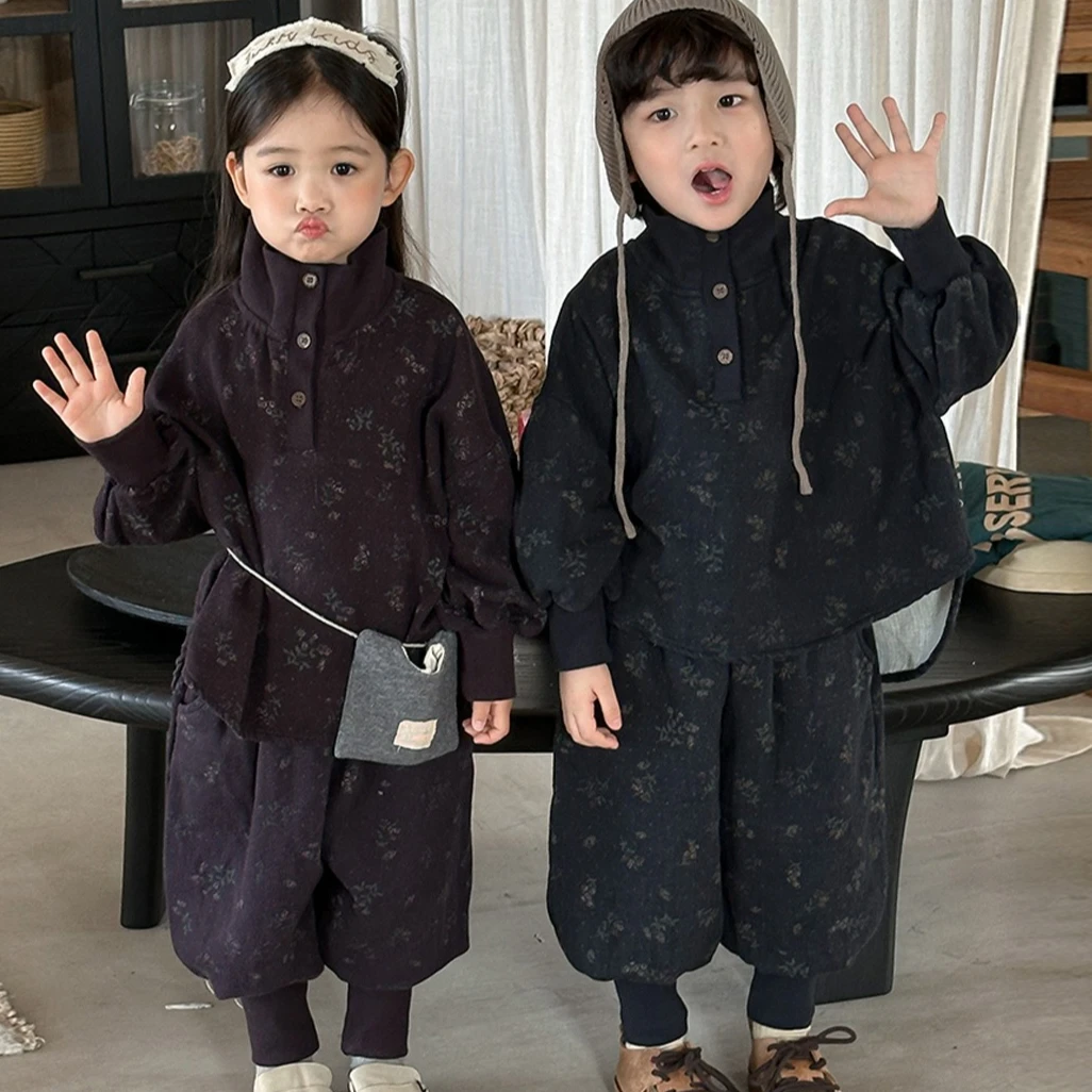 

Suit 2025 Autumn New Children's Clothing Korean Style Boys and Girls Fashion Floral High Collar Hoodie Tie Foot Pants Two-piece