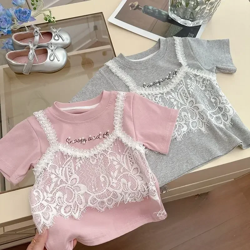

Girls' Pure Cotton T-shirt Summer 2026 New Style Children's Short Sleeved Fake Two-piece Fashionable Top