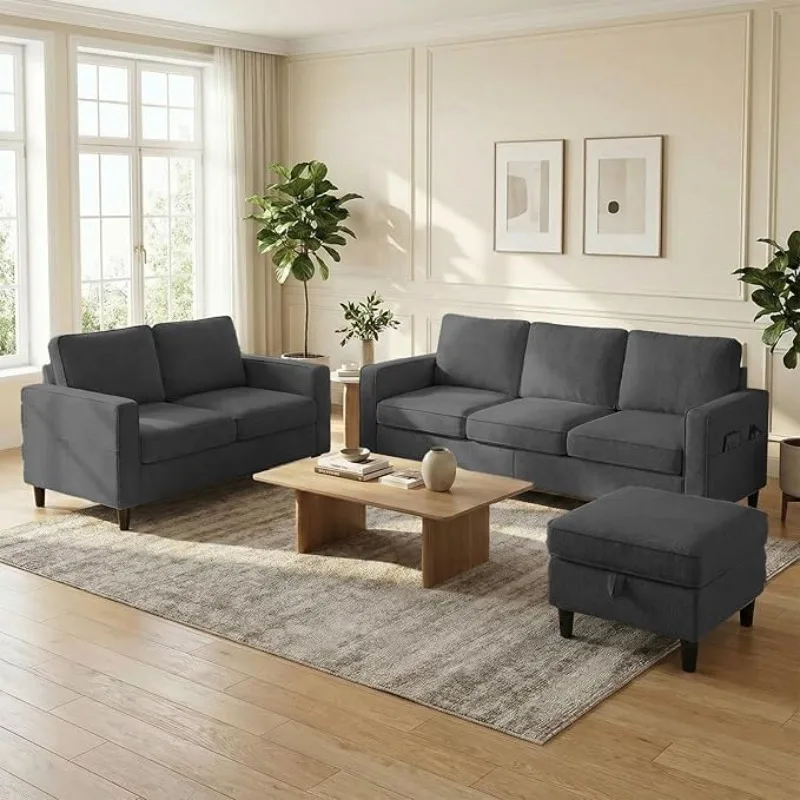 Linen L Shaped Sofa Set with Storage Ottoman & Side Pocket, Sectional Couch for Living Room, Customized