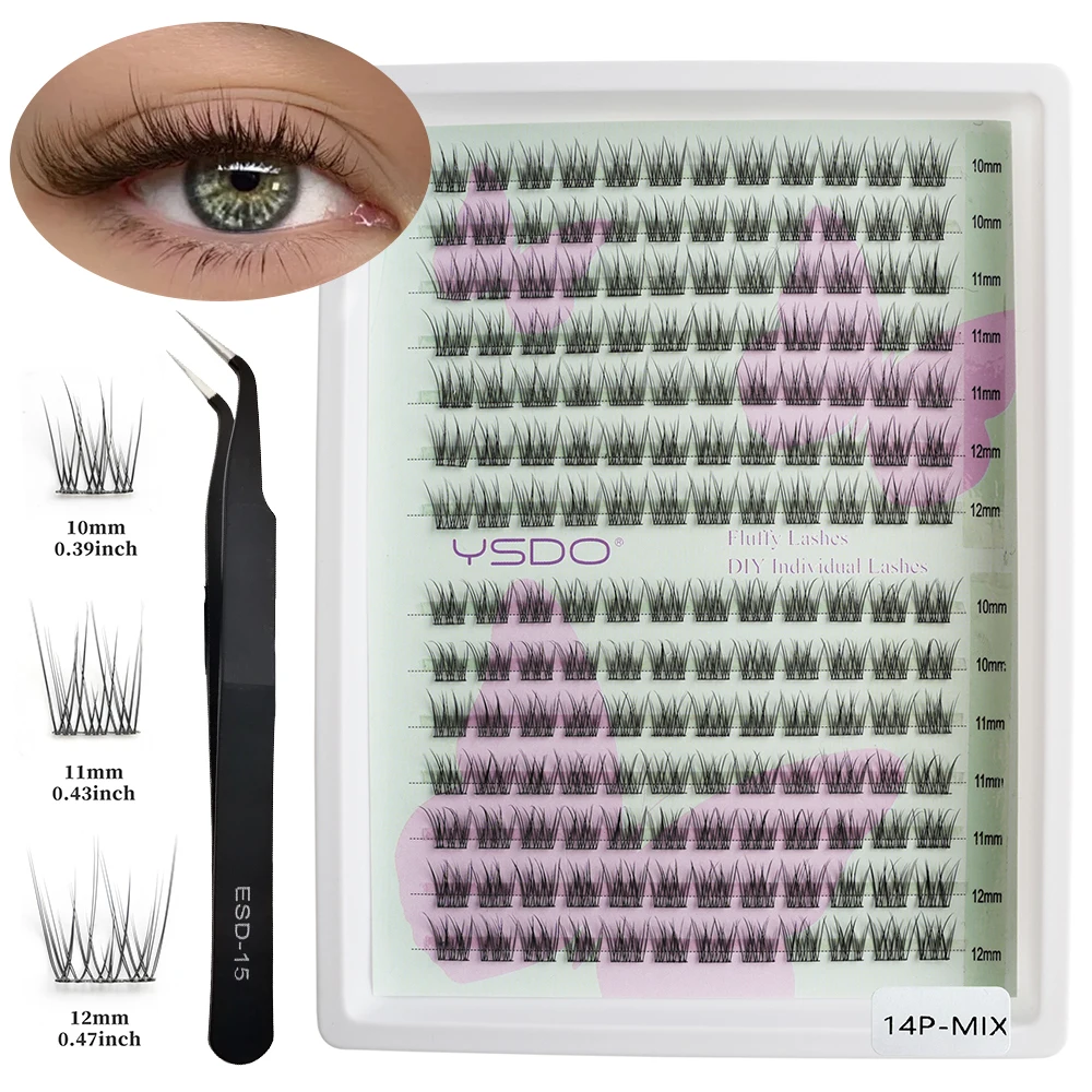 Einzelne Wimpern-Cluster, 10–12 mm, gemischte DIY-Wimpernverlängerung, weiche gefälschte Wimpern, 3/14 Reihen, künstliche Klitoris, professionelles Make-up-Werkzeug ﻿