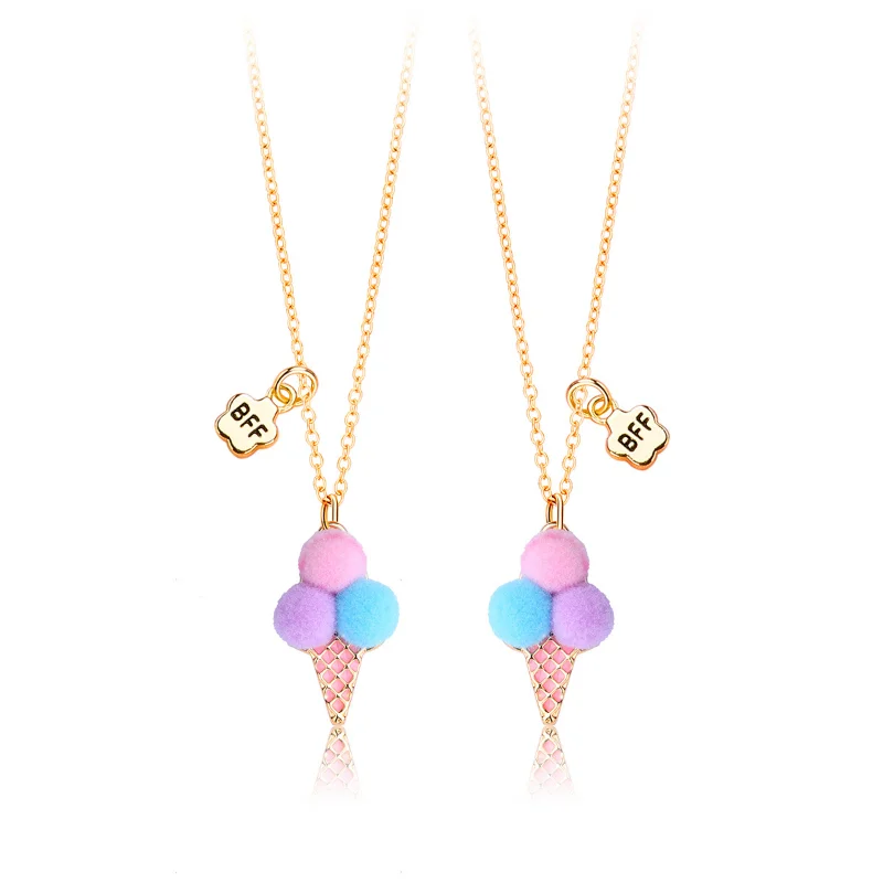 Luoluo&baby 2Pcs/Set Cute Ice Cream Plush Ball Best Friends Necklace Pendant Chain BFF Friendship Jewelry Gifts For Kids