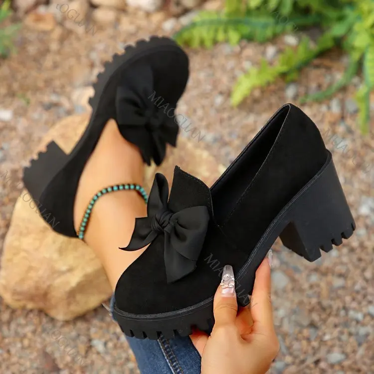Black Suede Women's Loafers, Round Toe With Bow, Slip-on, Thick High Heel_voghion.com