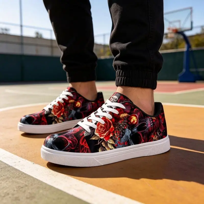 Ladies Men's Road Running Shoes，Fashionable Skull and Rose Print，White casual sneakers，Comfortable outdoor sports shoes - view 3