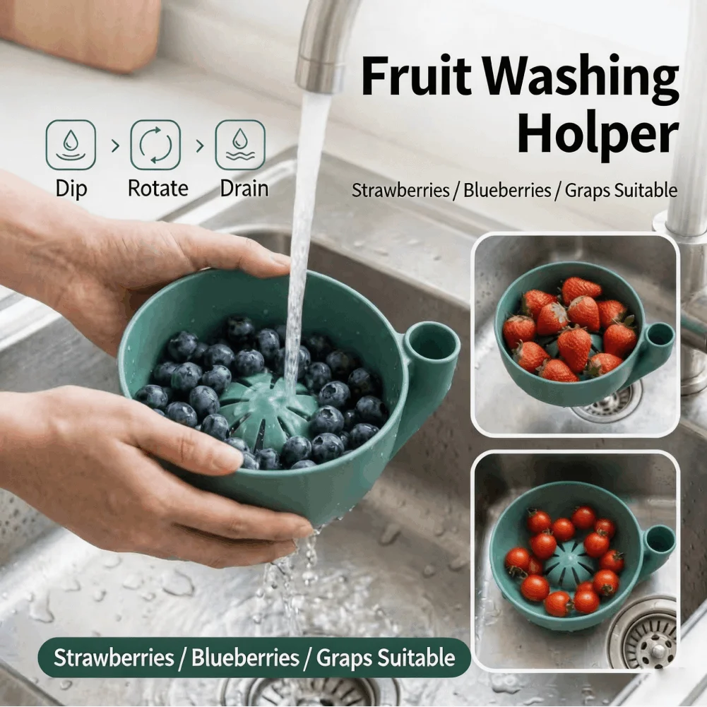 Self‑swirling Vortex Fruit Vegetable Washing Bowl with Drain Spout 360° Rotation Berry Colander Kitchen Cleaning Filtering Tools