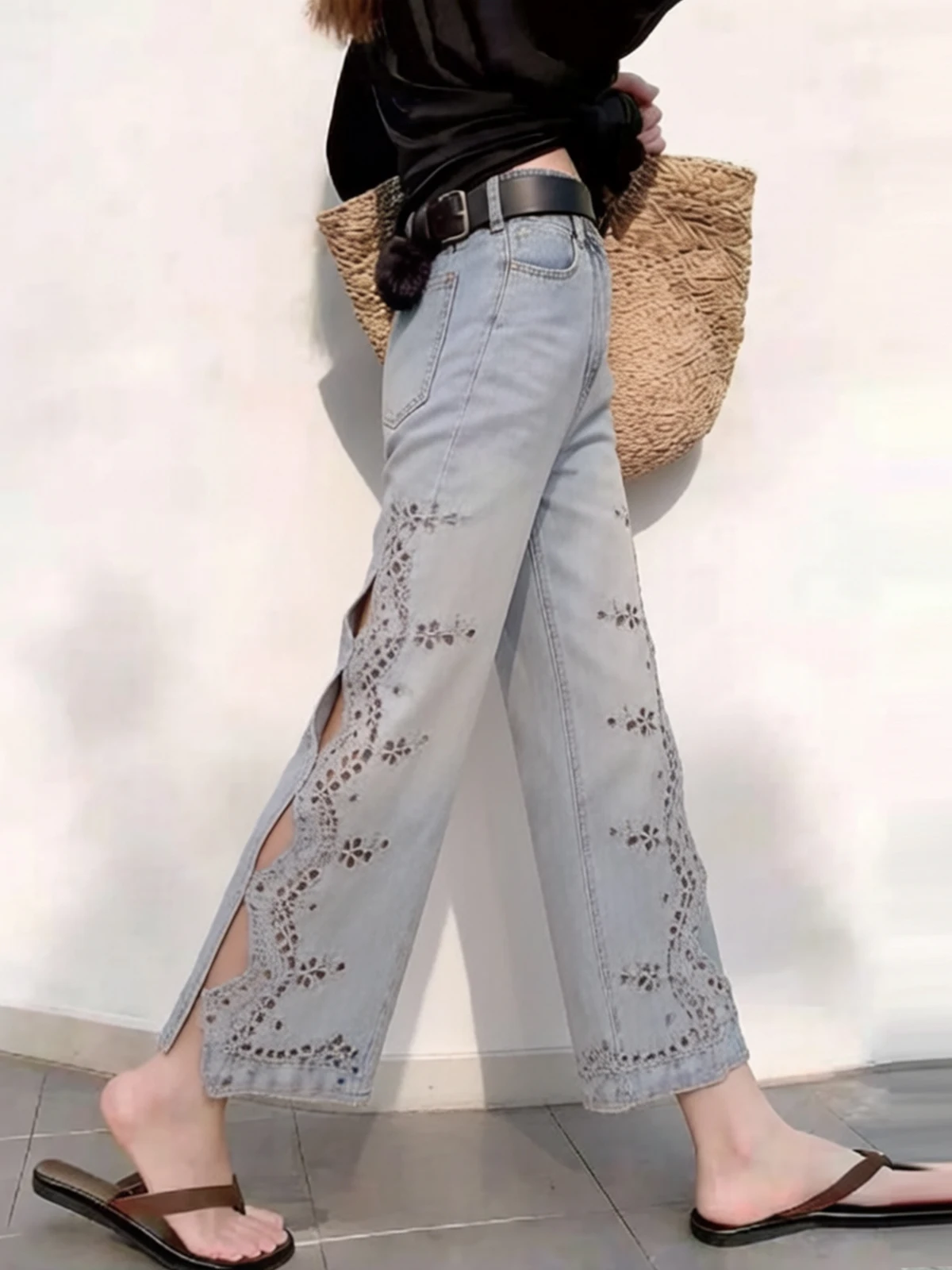 Elegant Embroidered Heavy Work Denim Pants High Waist Loose Fit Summer New Style Women's Wide Leg Jeans Hollow out Design