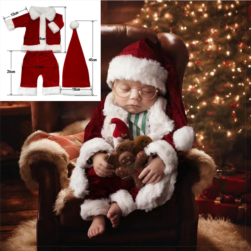 3pcs/set Christmas Costumes Baby Photography Clothing Soft Santa Claus Sets and Fur Ball Hat Studio Party Photoshoot Outfits