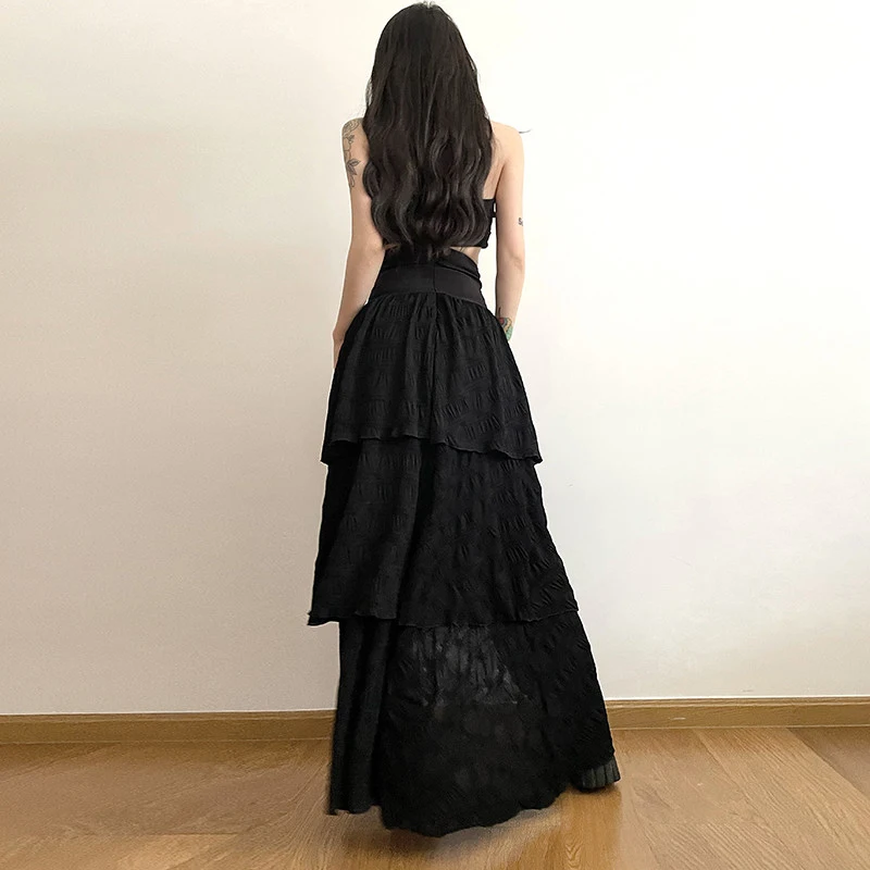 MEXZT Y2K Gonna lunga divisa nera Donna Harajuku Fasciatura gotica Gonne maxi irregolari Estate Vintage Grunge Design A Line Faldas