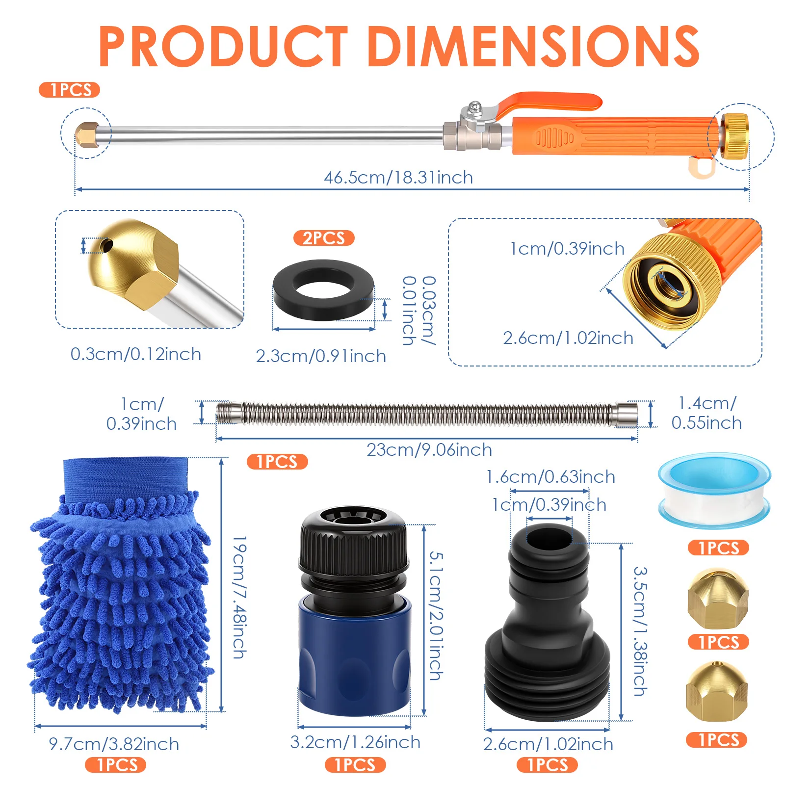 Hydro Jet High Pressure Power Washer Wand 2 Brass Nozzles Flexible Hose Wash Mitt Kit for Car Washing Window Gutter Cleaning