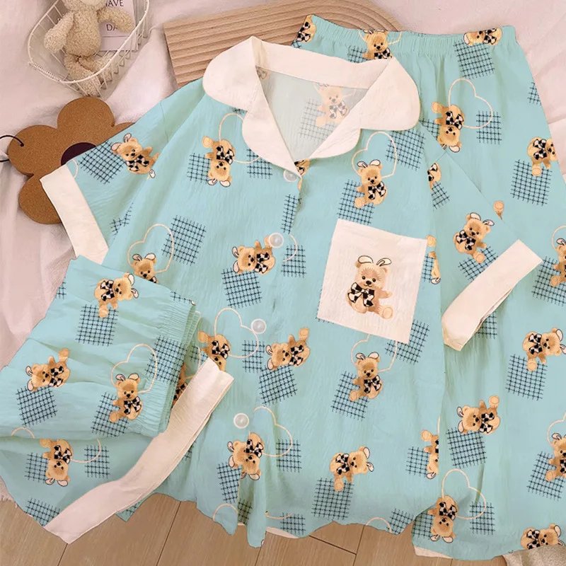 

Spring and Summer New Ladies Cartoon Clouds Cotton Pajamas Three-Piece Set of Short-Sleeved Pajamas for Girls Students Homewear