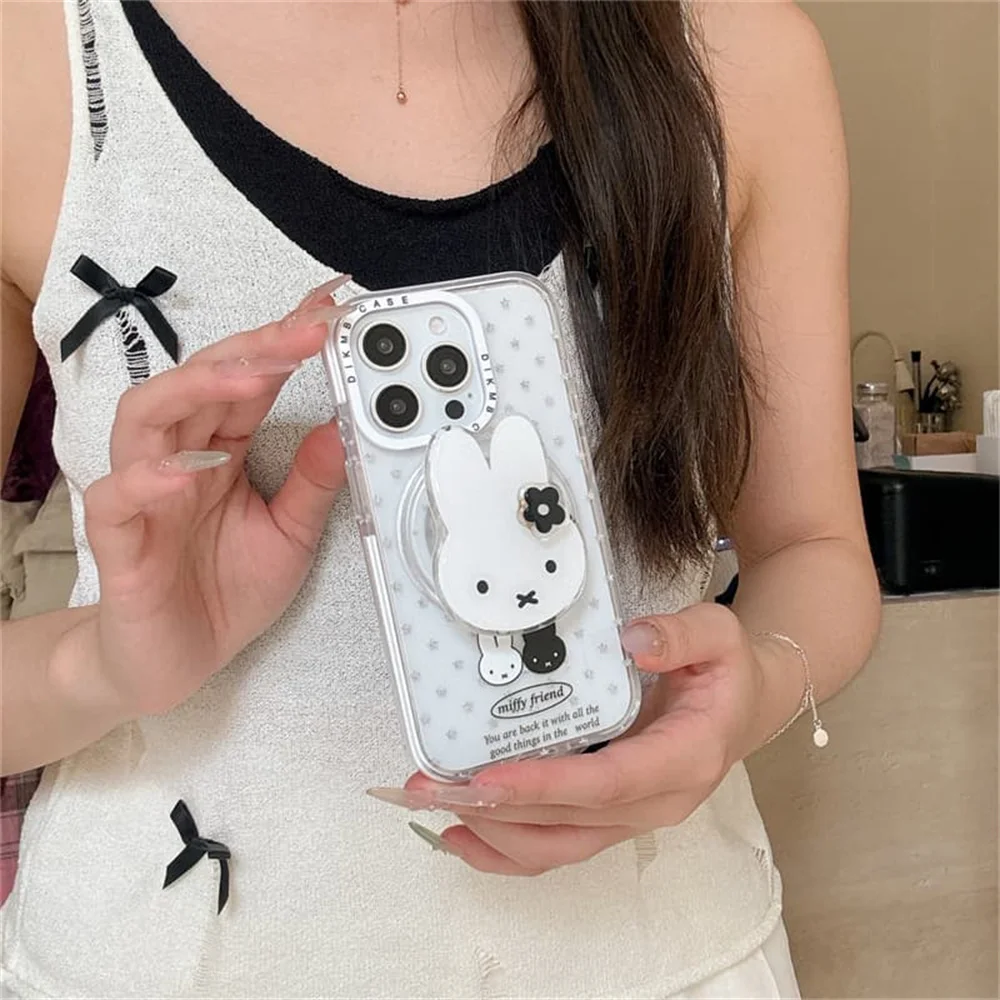 

Korean Silver Star Miffy Rabbit Magnetic Phone Case for iPhone 17 16 14 13 15 Pro 16 Pro Max Cover With Magsafe Stand Cute Case
