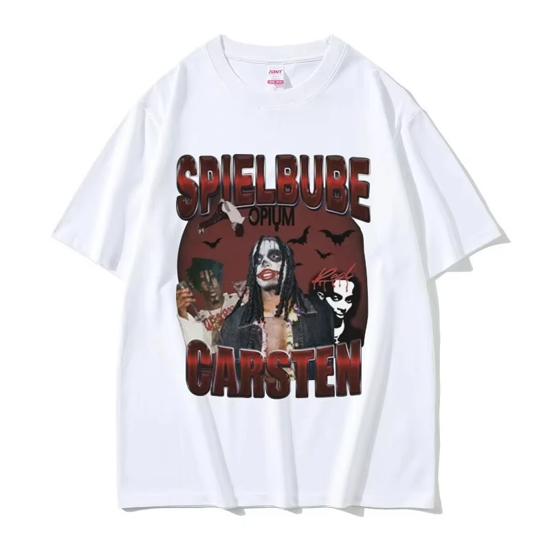 풀 레드 프린트 티셔츠 남성용 레트로 힙합 오버사이즈 티셔츠 랩 가수 플레이보이 카르티 스피엘 부베 카르스텐 오피움 패턴 티셔츠
