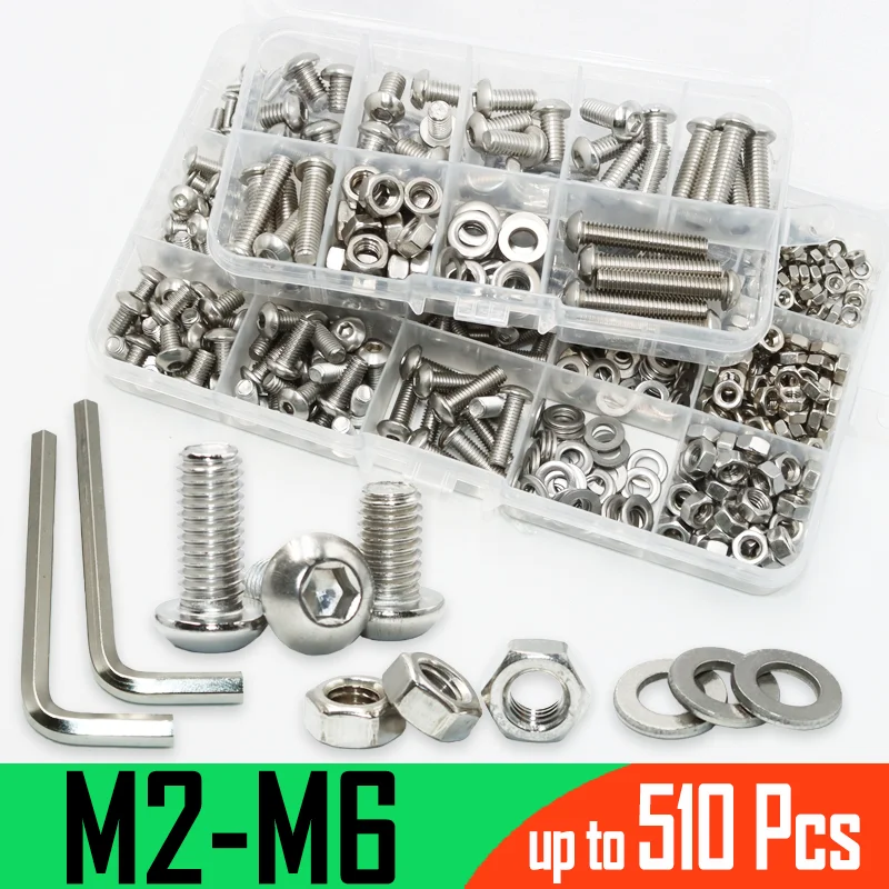 Button Hexagon Round Pan Head Socket Cap Machine Bolts Screws Nut Washer Kit M2 M3 M4 M5 M6 304 Stainless Steel Allen Hex Drive