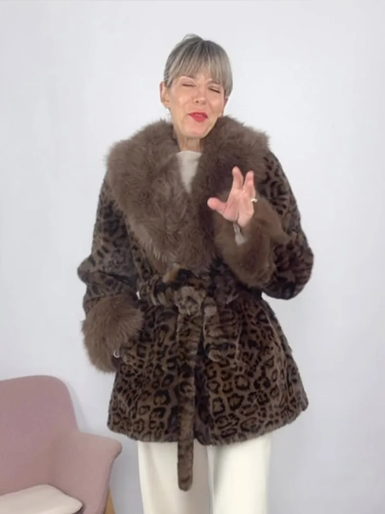 Abrigo de piel sintética con cordones y solapa de leopardo para mujer, moda de felpa con cuello en V, chaquetas holgadas y cálidas de manga larga para ir al trabajo en la calle, prendas de vestir para invierno