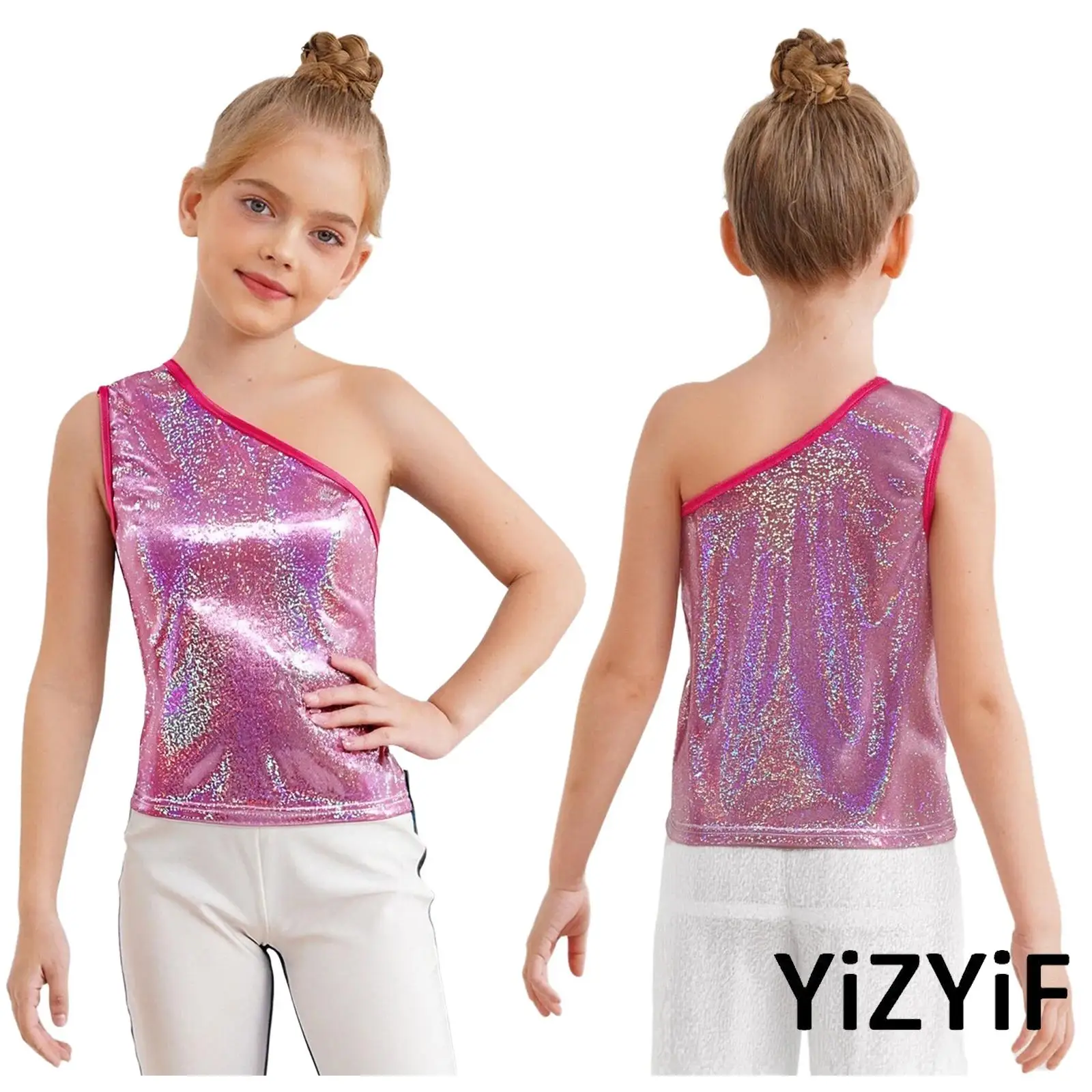 

Kids Girls Metallic Cheerleading Vest One Shoulder Sleeveless Tank Top Jazz Dance Stage Performance Costume Gymnastics Dancewear