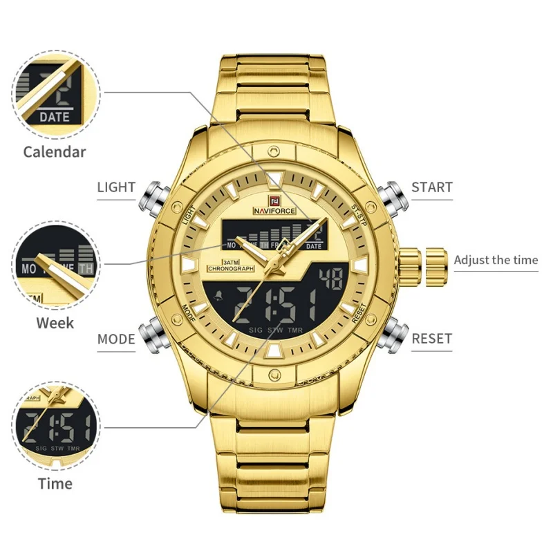 

NAVIFORCE 2025 Новые модные часы для мужчин Аналоговые цифровые 3ATM Водонепроницаемые наручные часы из нержавеющей стали с ЖК-дисплеем Светящиеся мужские часы 4.