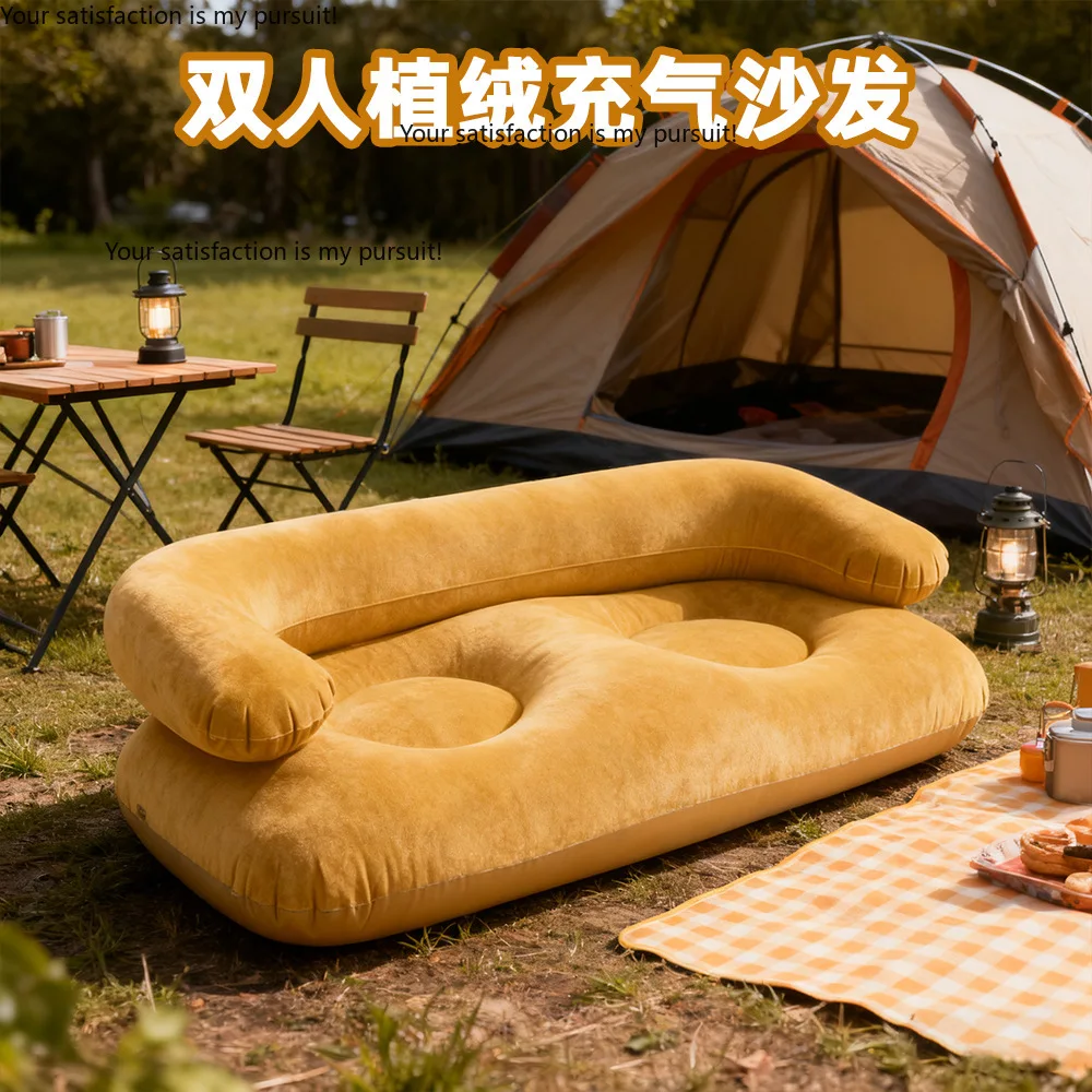For Outdoor Camping PVC Flocked Inflatable Sofa with Armrest, Double Lazy Air Couch, Portable Inflatable Lounge