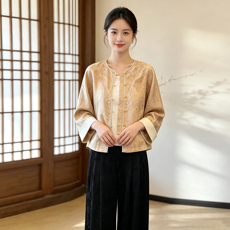 New Chinese Style Autumn Women's Silk round Neck Embroidered Short Sleeve Classical Jacket Strap Wide Leg Pants Three Piece Set