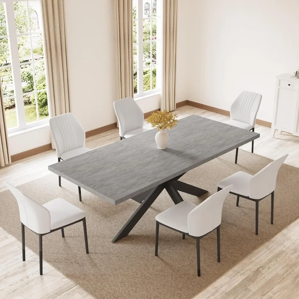 

6-8 People Modern Dining Table Rectangular Kitchen Dining Table Space-Saving Expandable Dining (Gray Table + 6 White Chairs)