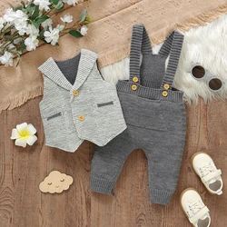 Newborn Baby Clothes Set Knitted Infant Boy Vest +Romper 0-18M Toddler Sweater +Jumpsuit Sleeveless 2pcs Gentleman Formal Attire