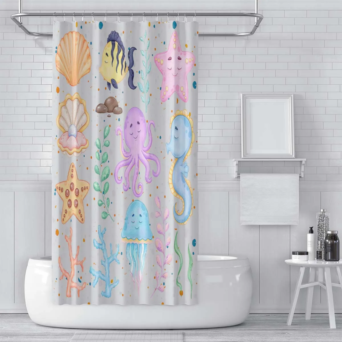 180x180cm bathroom waterproof polyester shower curtain, mold resistant, perforated with hooks, seahorse shell seaweed