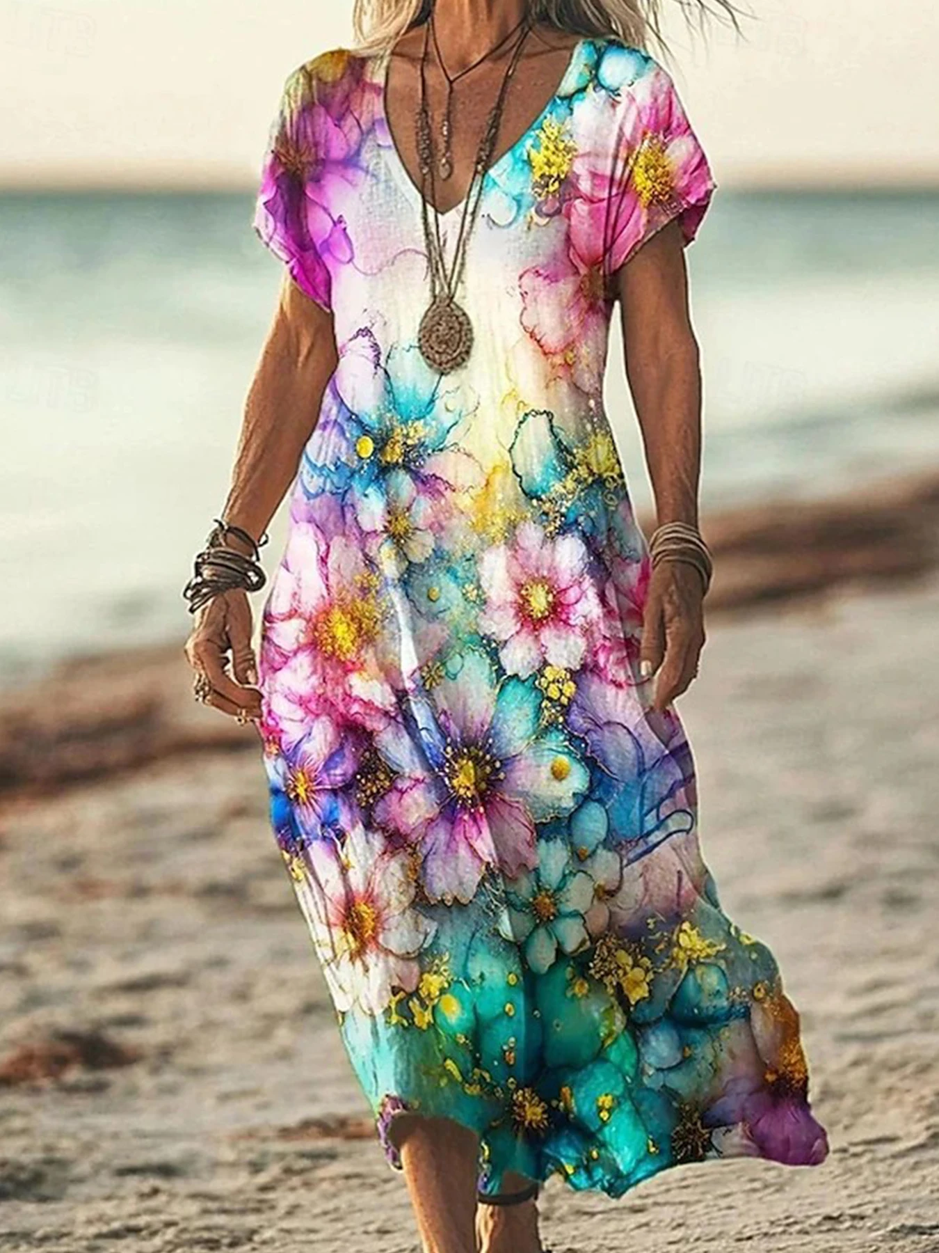 Vintage Damen-Maxikleid, Bohemian-T-Shirt-Kleid mit V-Ausschnitt und Seitenschlitz, lässige, mit Batikmuster bedruckte Kleidung für Damen, trendig