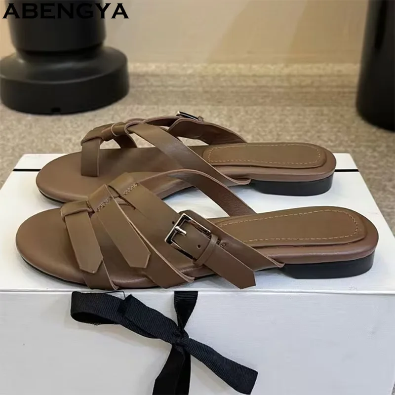 Summer Flip Flops Flat Slippers Women Mules Shoes Woman Metal Buckle Strap Suede Leather Slides Outside Holiday Slippers Woman