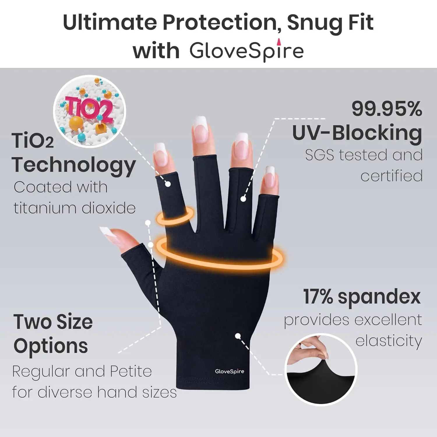 Gants de protection UV pour ongles, UPF50+ sans doigts, noirs, taille unique