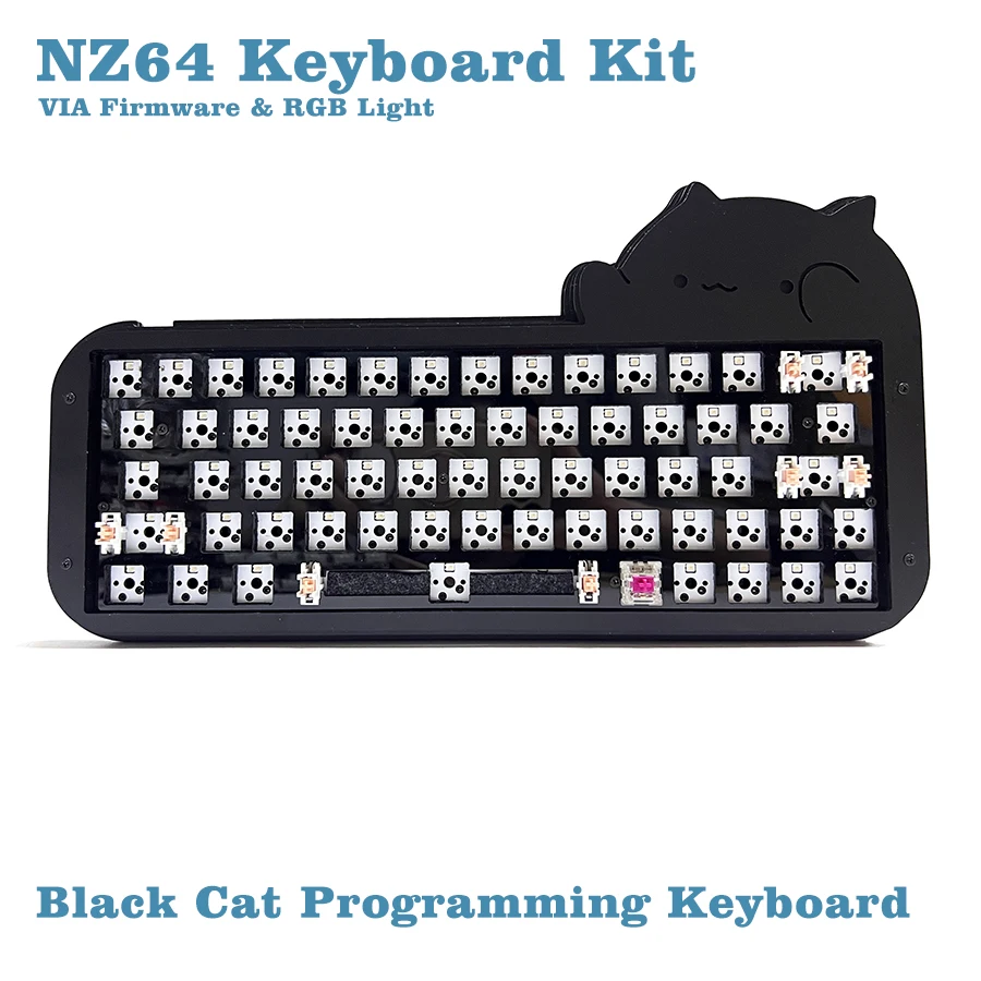 

VIA Keyboard Cute Cat Black NZ64 64 Key Macro Programming DIY Acrylic Hot Swappable Mechanical Keyboard Kit Full RGB