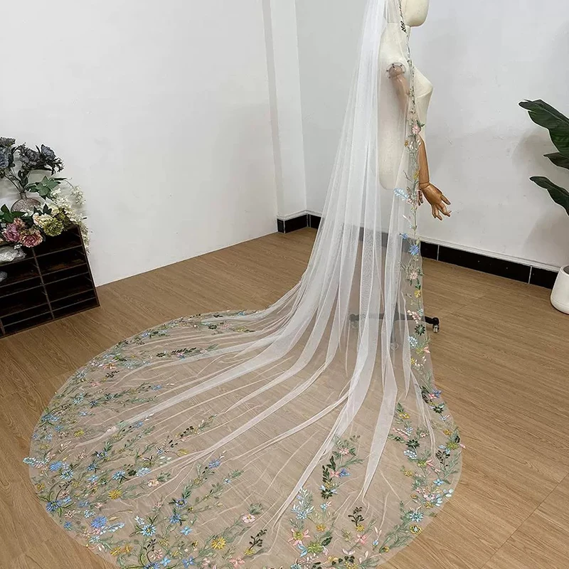 Elegant Bridal Veil With Delicate Hand-Stitched Floral Design And Multicolored Flowers Romantic Sheer Veil Long Train