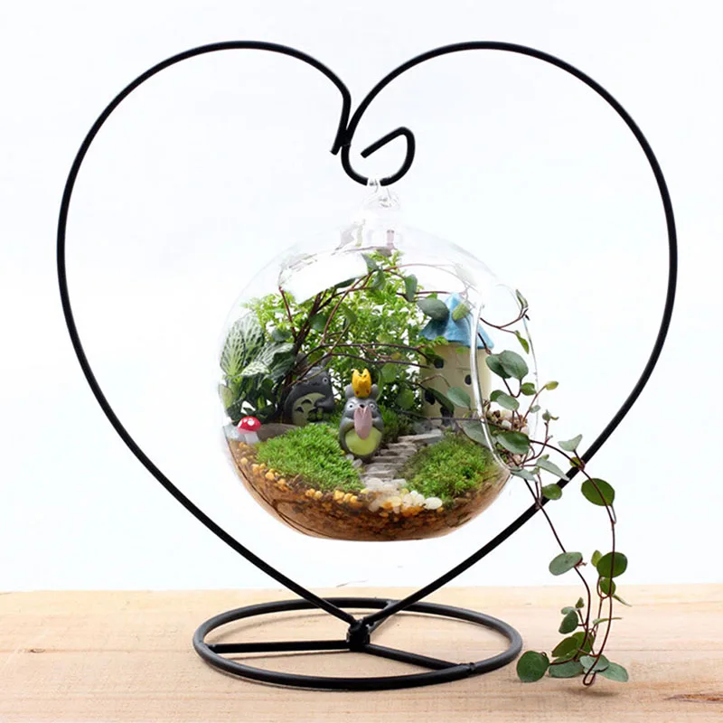 Black Heart-shaped Iron Hanging Plant Glass Vase Terrarium Stand Holder