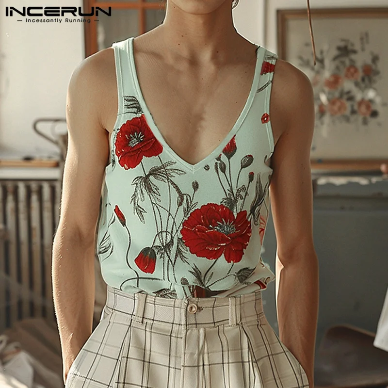 INCERUN Tops 2024 American Style Summer Fashion Men's Flower Print Pattern Vests Casual Clubwear Male Sleeveless Tank Tops S-5XL