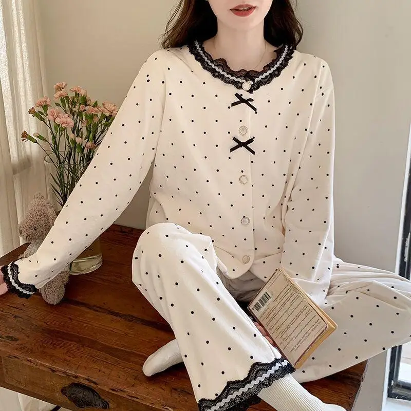 

Advanced Sense Island Fleece Pajamas Women Winter Sweet Polka Dot Thick Thin Fleece Warm Homewear Suit Cute Kawaii Fashion