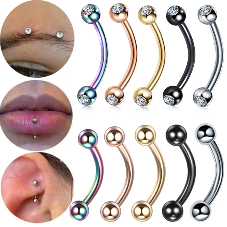 1PC Steel CZ Eyebrow Banana Piercings Lip Ring Curved Barbell Stud Navel Cartilage Daith Helix Earring Piercings Unisex Jewelry