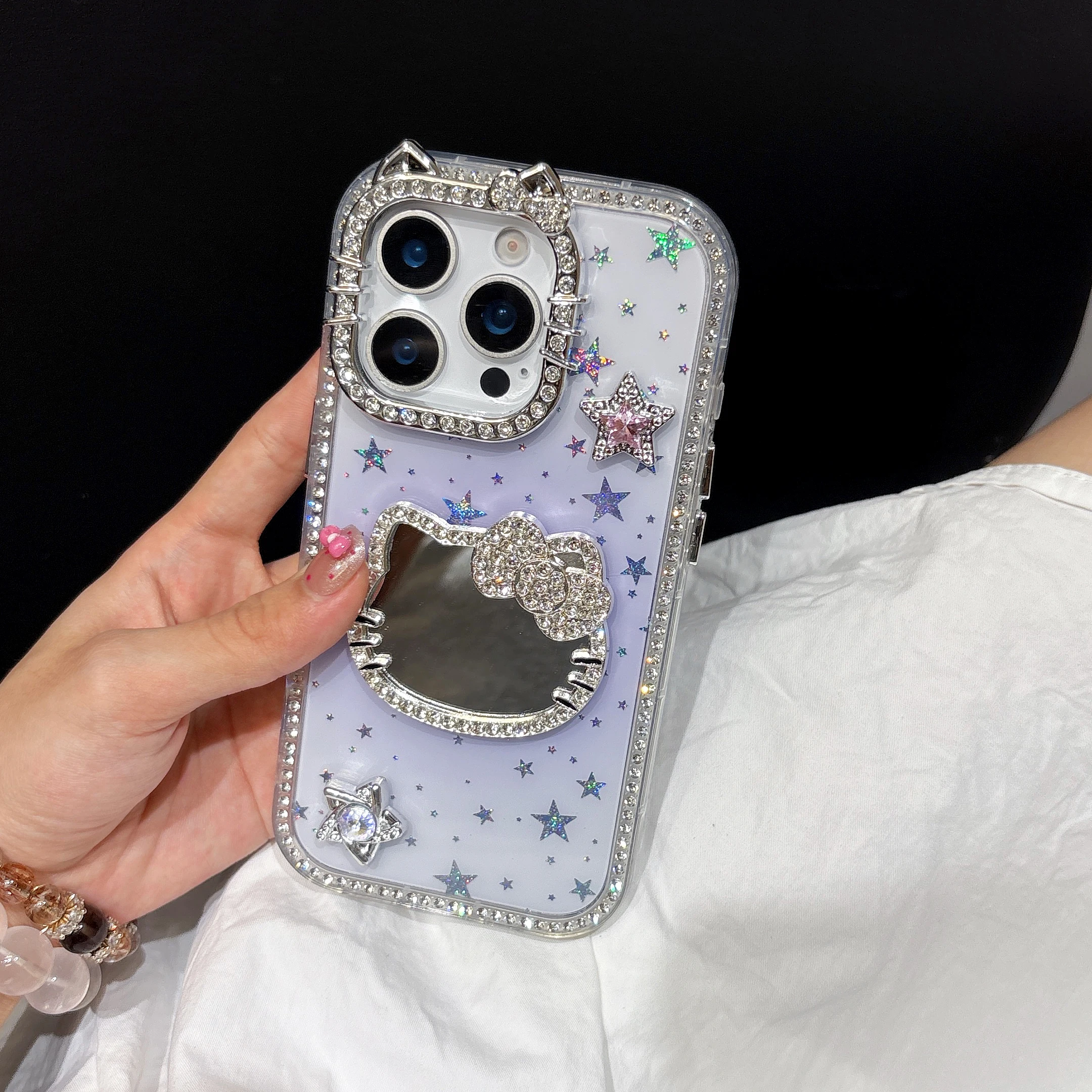 مرآة ماكياج بلينغ بريق نجوم جراب هاتف آيفون 16 15 14 13 12 برو ماكس للصدمات الصلب ثلاثية الأبعاد لطيف سانريو مرحبا كيتي غطاء #4