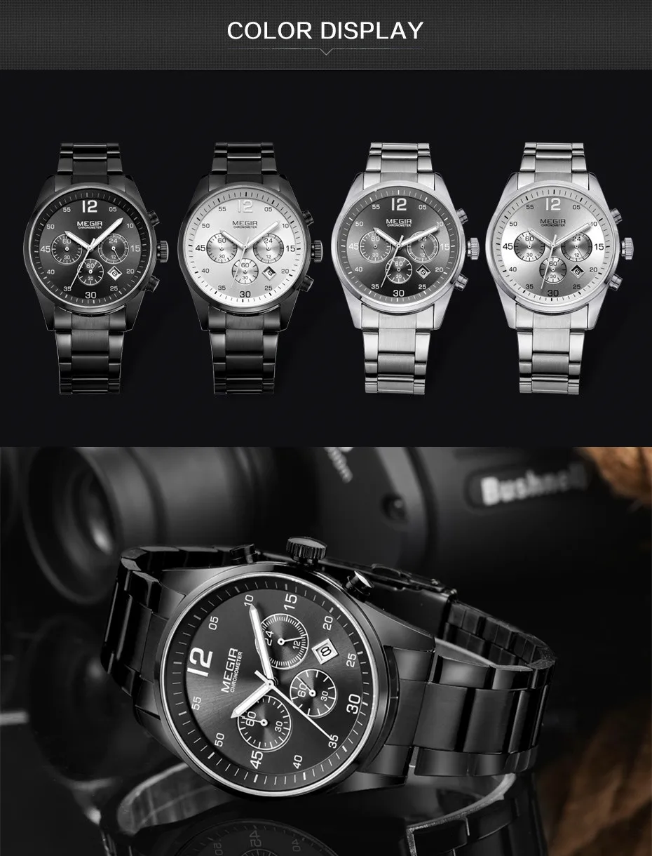 MEGIR 2010 Business Simple Big Dial Watch Stainless Steel Band Calendar Luminous Hands Waterproof Men Quartz Watches